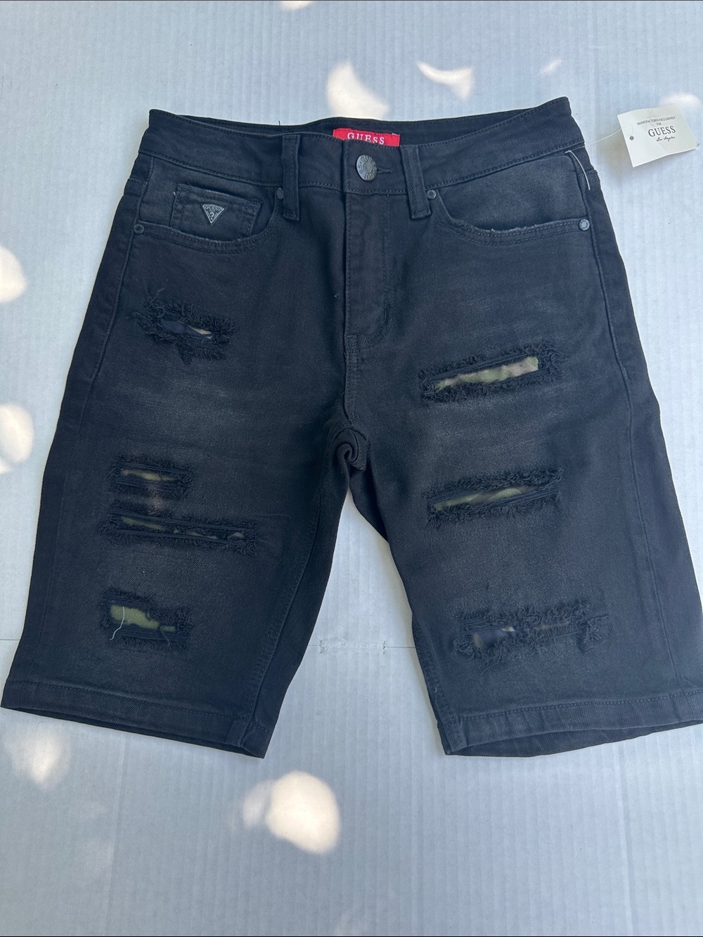 New GUESS Black Ripped Denim Mens Shorts